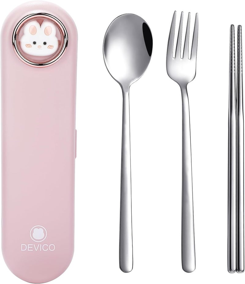 DEVICO Travel Utensils with Case Cute, Reusable Silverware for Lunch, Portable Cutlery Set, 18/8 Stainless Steel Fork Spoon Chopsticks in Cartoon Case, Dishwasher Safe (Pink) - Image 1